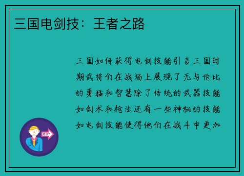 三国电剑技：王者之路